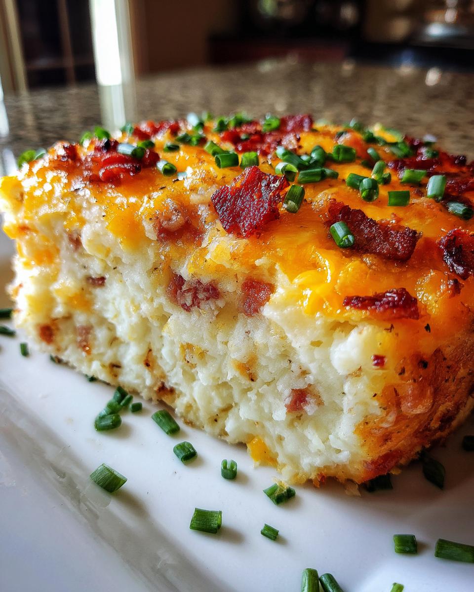 A close-up of a rich, cheesy potato casserole slice topped with bacon bits and fresh chives.