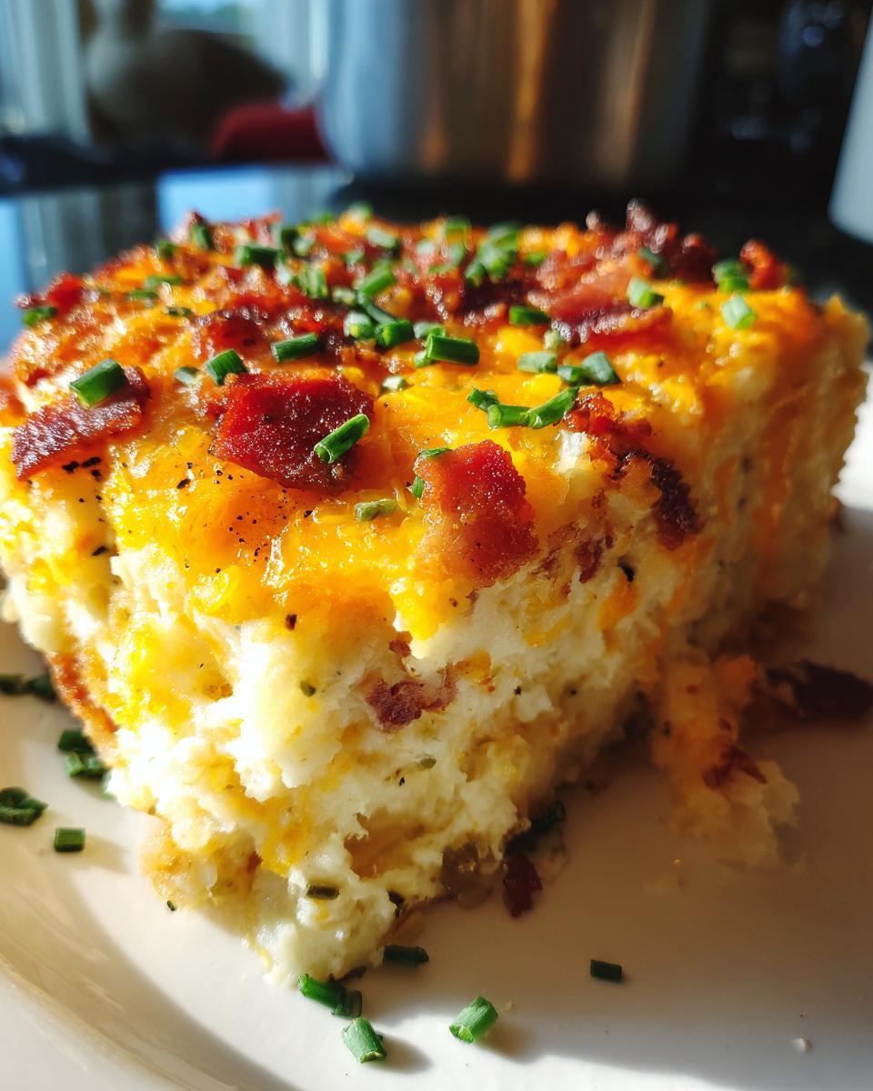 A close-up serving of creamy potato casserole topped with melted cheddar cheese, bacon bits, and fresh chives.