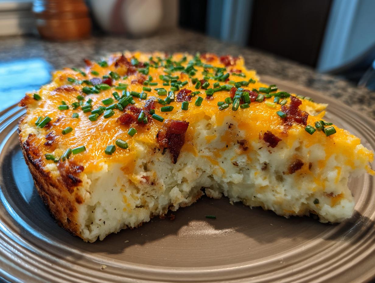 A thick slice of creamy potato casserole topped with melted cheddar, bacon bits, and fresh chives.