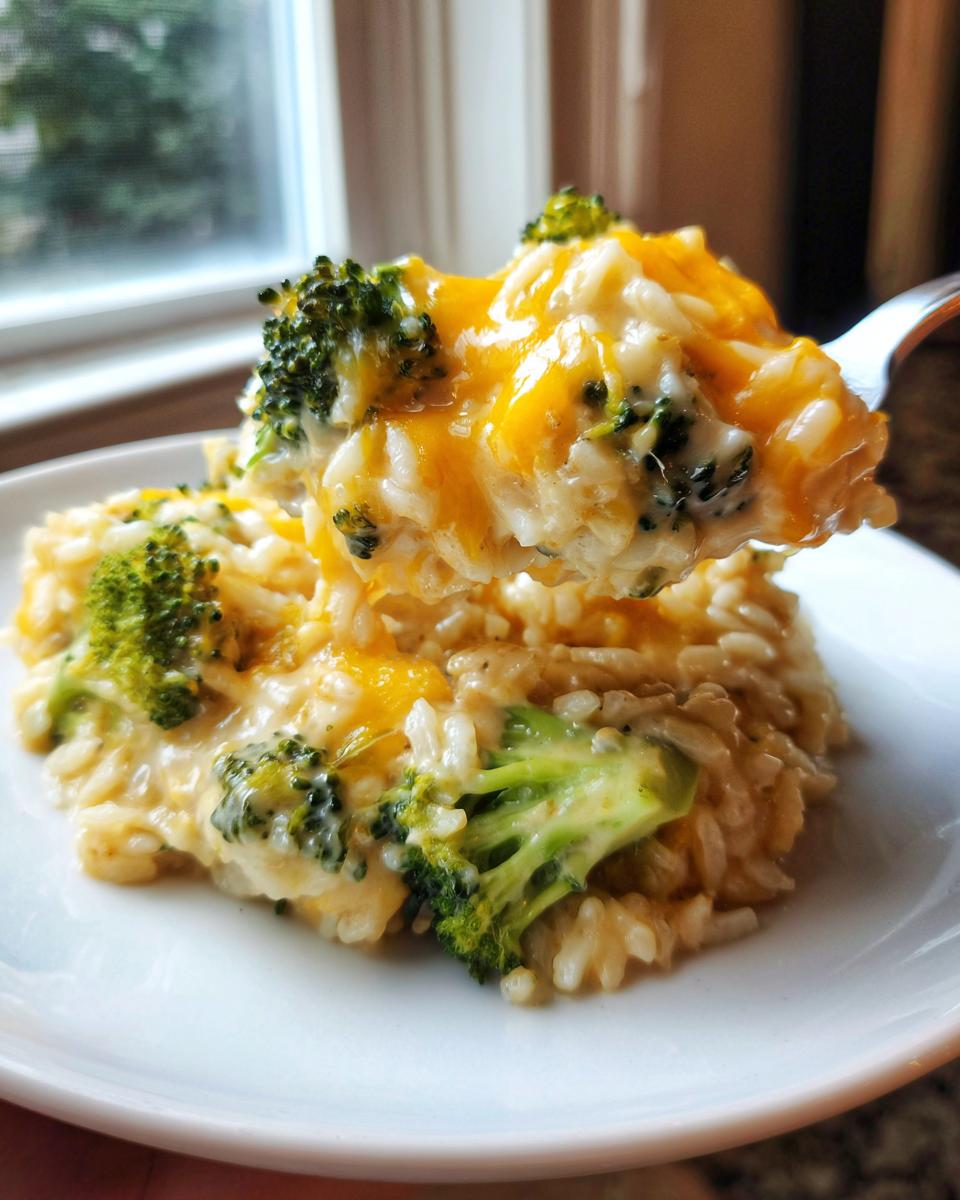 A fork lifts a creamy serving of cheesy broccoli rice casserole topped with melted cheddar cheese.