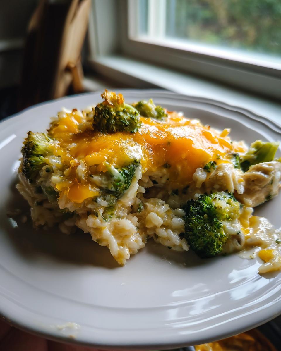 A serving of creamy rice casserole mixed with broccoli florets and topped with melted cheddar cheese.