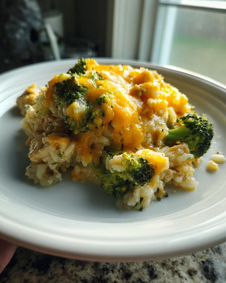 A serving of cheesy broccoli and rice casserole topped with melted cheddar cheese on a white plate.