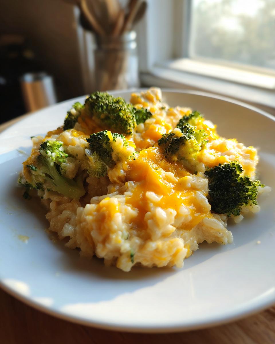 A serving of creamy, cheesy broccoli rice casserole topped with melted cheddar cheese and fresh broccoli florets.