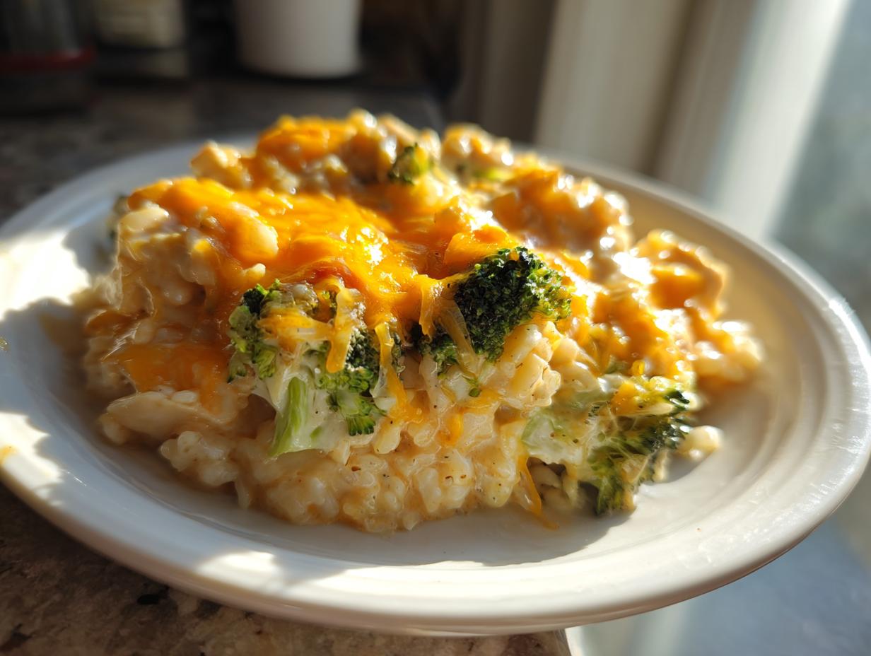 A serving of creamy rice casserole topped with melted cheddar cheese and broccoli florets.