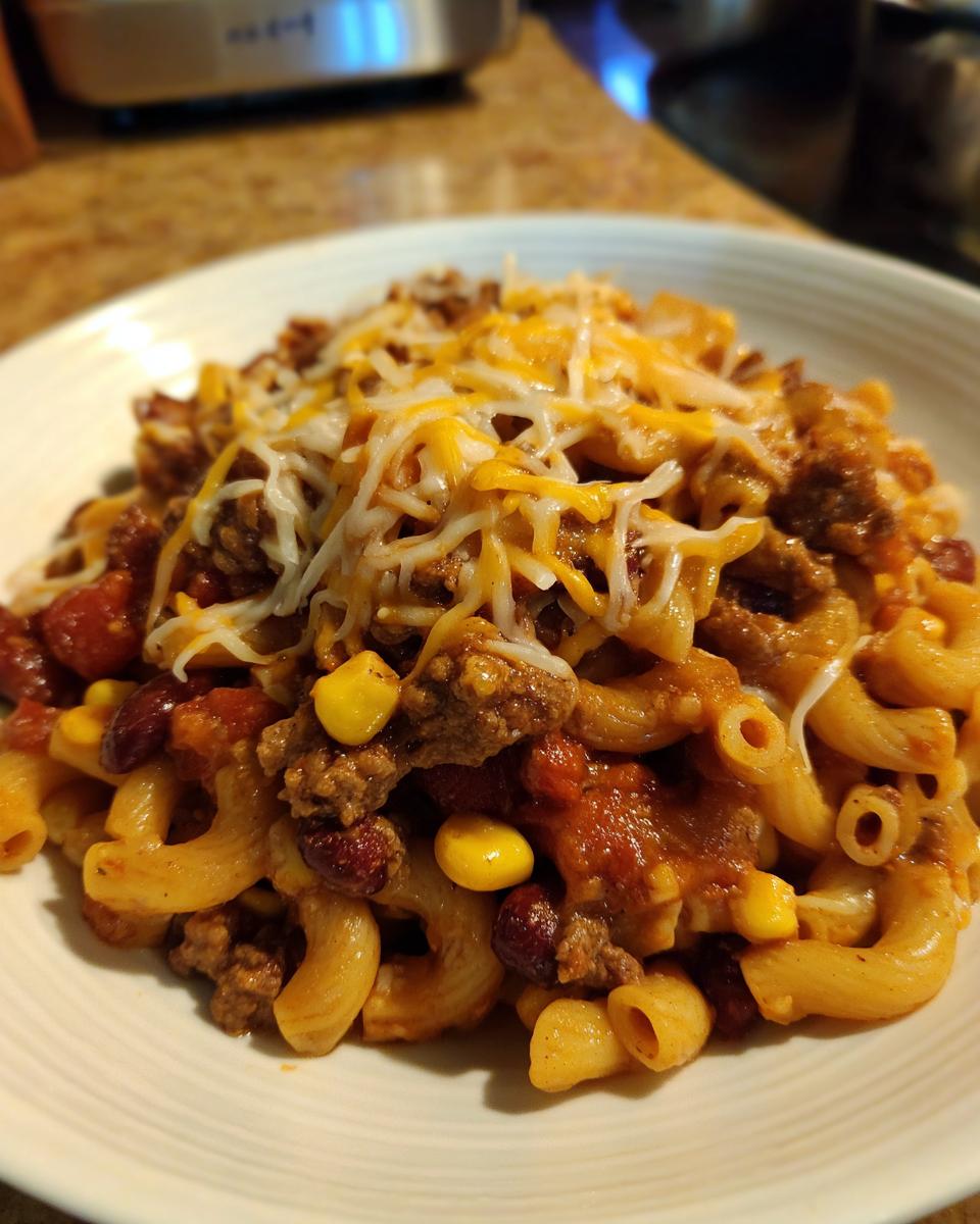 Close-up of a bowl of cheesy enchilada pasta mixed with ground beef, kidney beans, and corn, topped with shredded cheese.