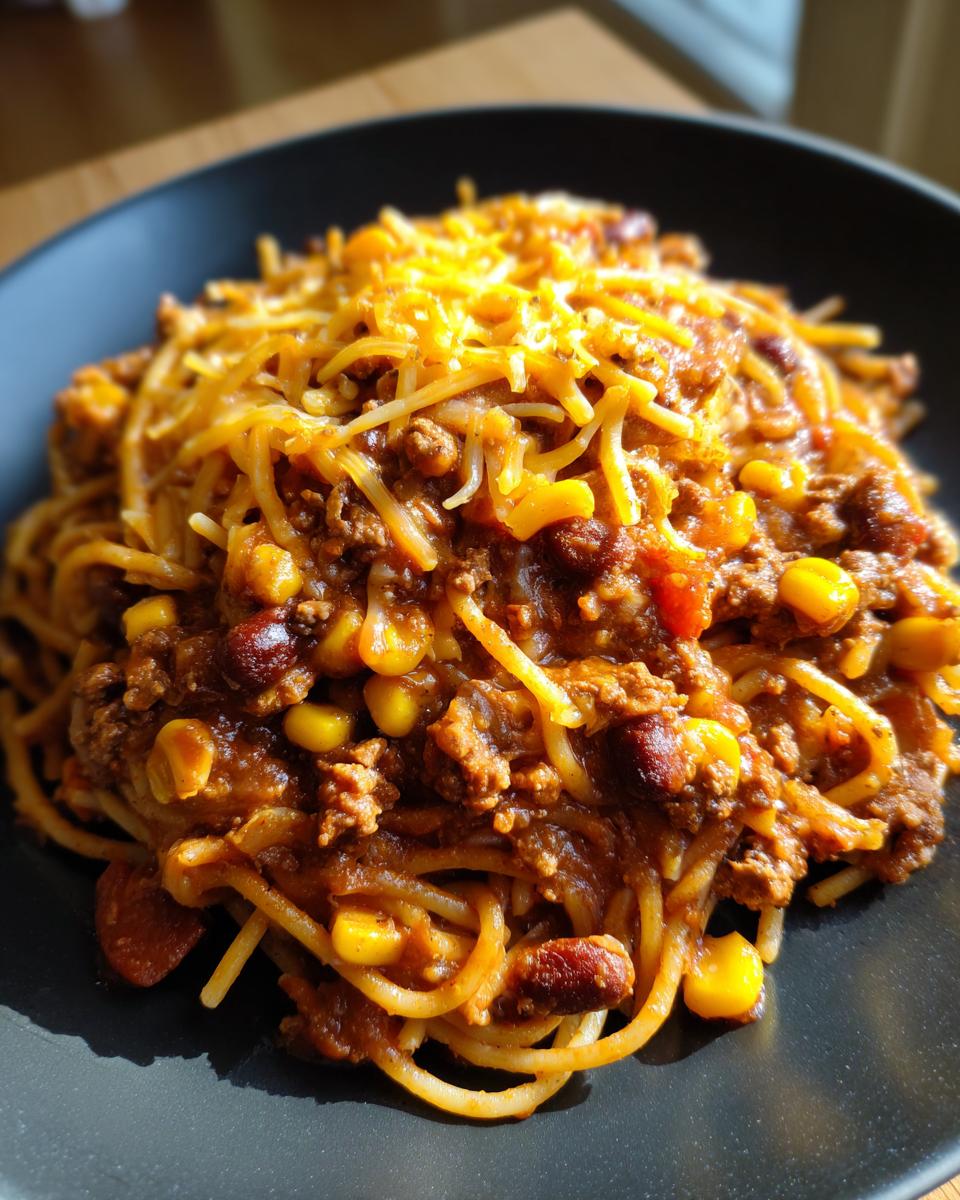 Close-up of cheesy enchilada pasta served on a dark plate, featuring spaghetti mixed with chili sauce, ground beef, corn, and beans, topped with shredded cheddar.