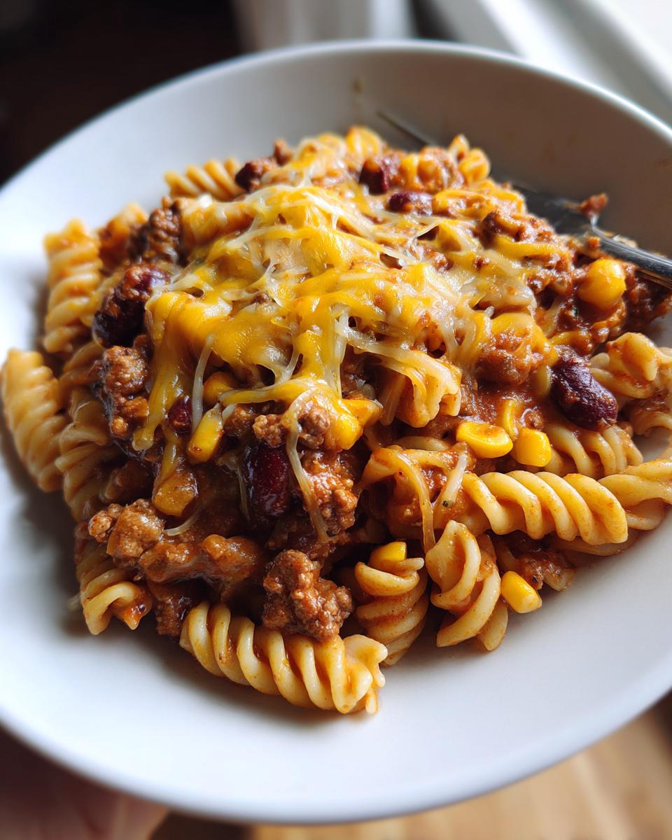 A close-up of a bowl of cheesy enchilada pasta featuring rotini, ground beef, corn, and kidney beans topped with melted cheddar.