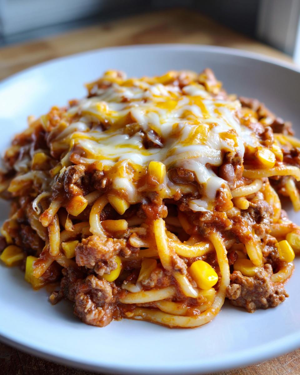A close-up serving of cheesy enchilada pasta topped with melted Monterey Jack and cheddar cheese.