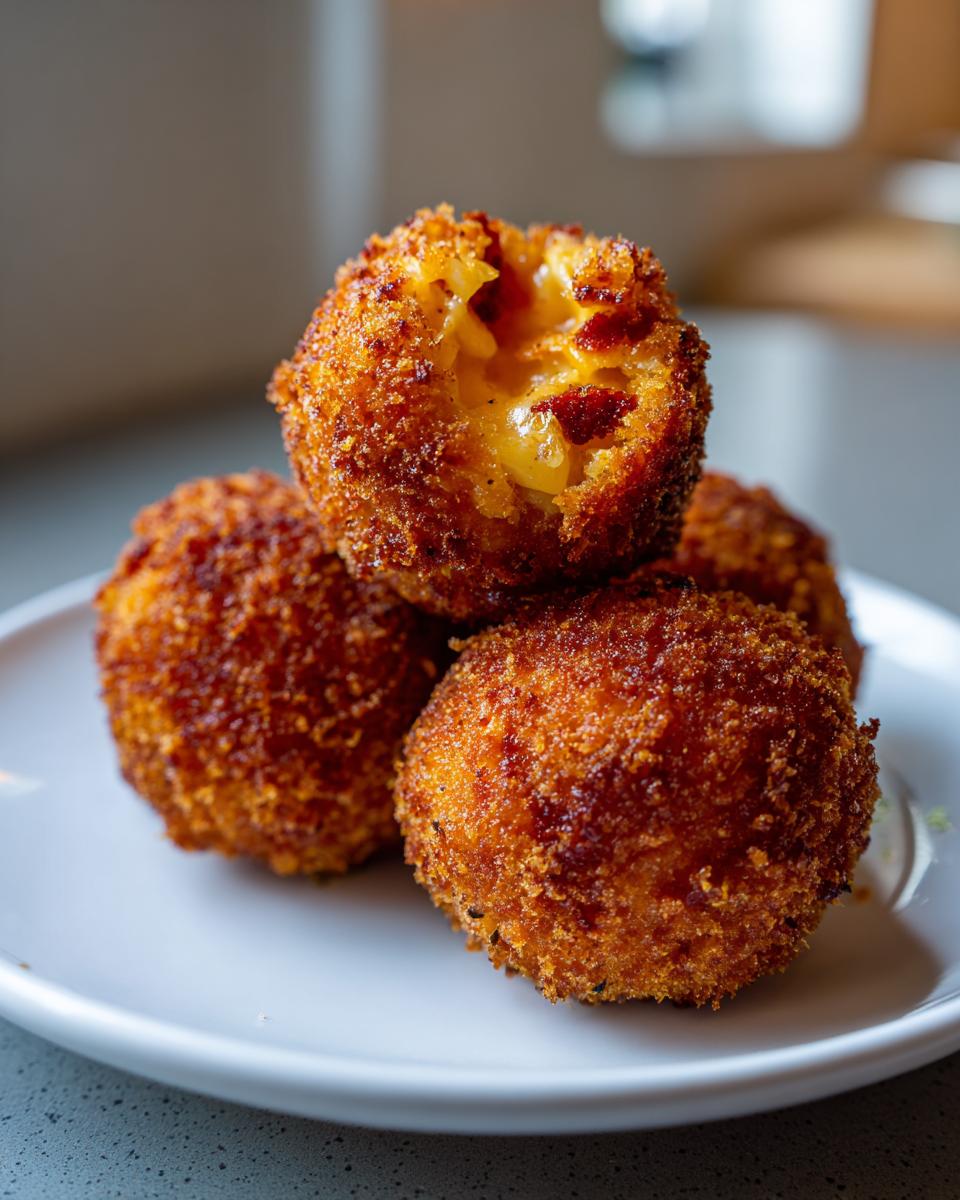 Close-up of crispy, golden-brown fried rice balls stacked on a white plate, one is broken open revealing a cheesy interior.