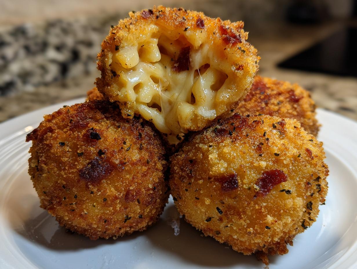 Close-up of crispy, golden-brown fried rice balls, one cut open revealing melted cheese and macaroni filling.