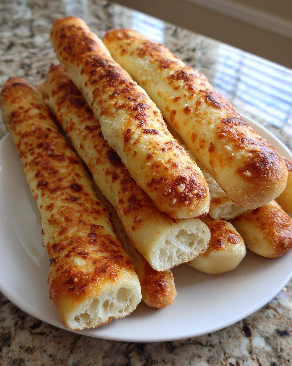 A stack of freshly baked, cheesy breadsticks with golden brown tops, showing the fluffy interior.