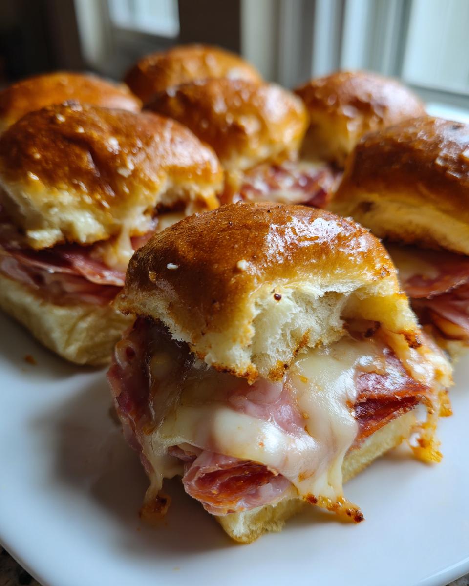 Close-up of one of the grinder sliders broken open, showing melted white cheese oozing over layers of deli meats.