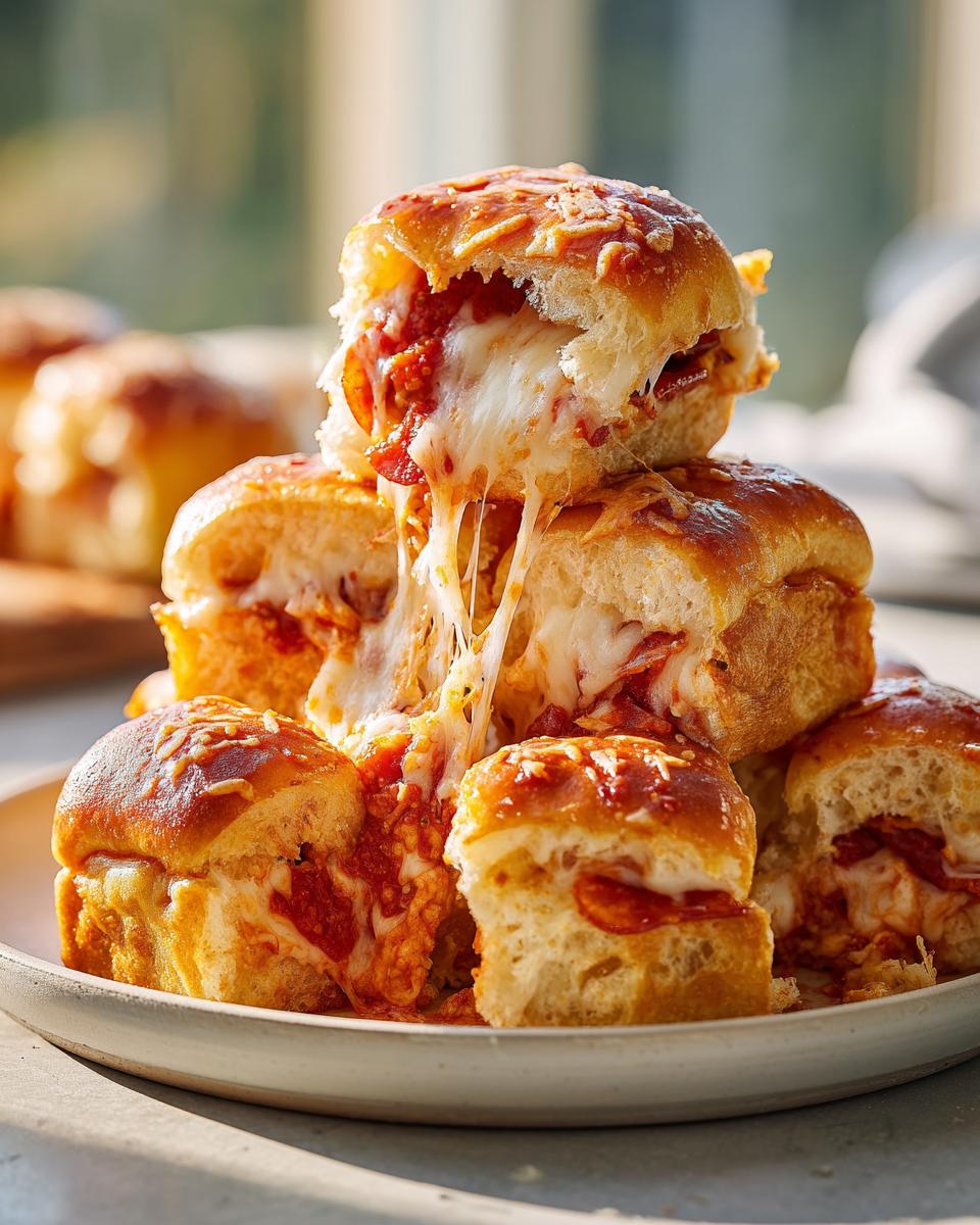 A stack of warm pizza sliders overflowing with melted mozzarella cheese and pepperoni, showing a dramatic cheese pull.