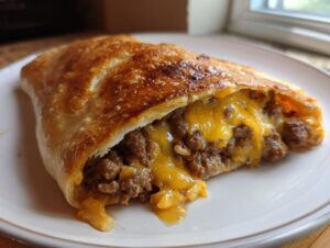A golden-brown cheesy pocket taco cut open, revealing a rich filling of seasoned ground beef and melted cheddar cheese.