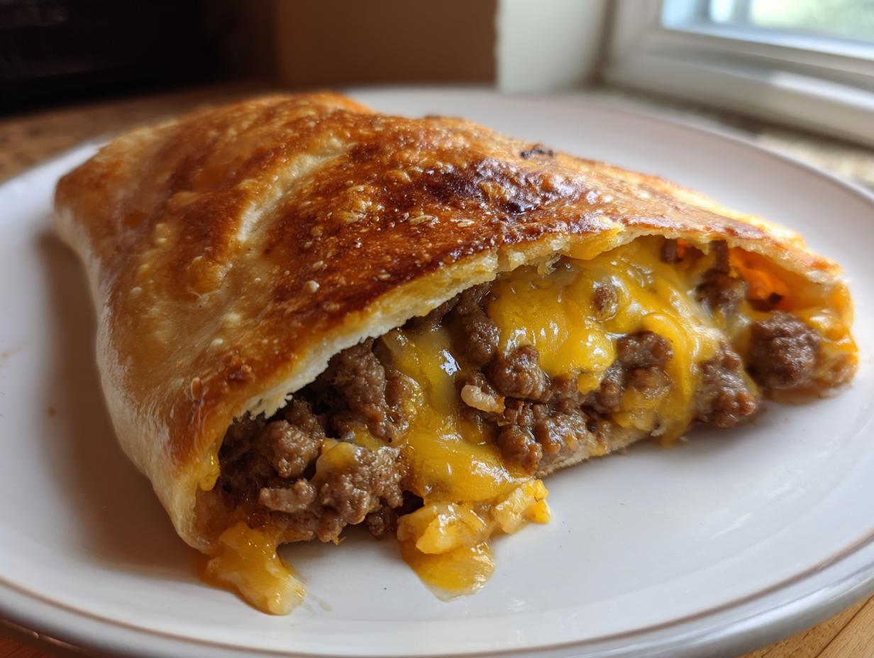 A golden-brown cheesy pocket taco cut open, revealing a rich filling of seasoned ground beef and melted cheddar cheese.