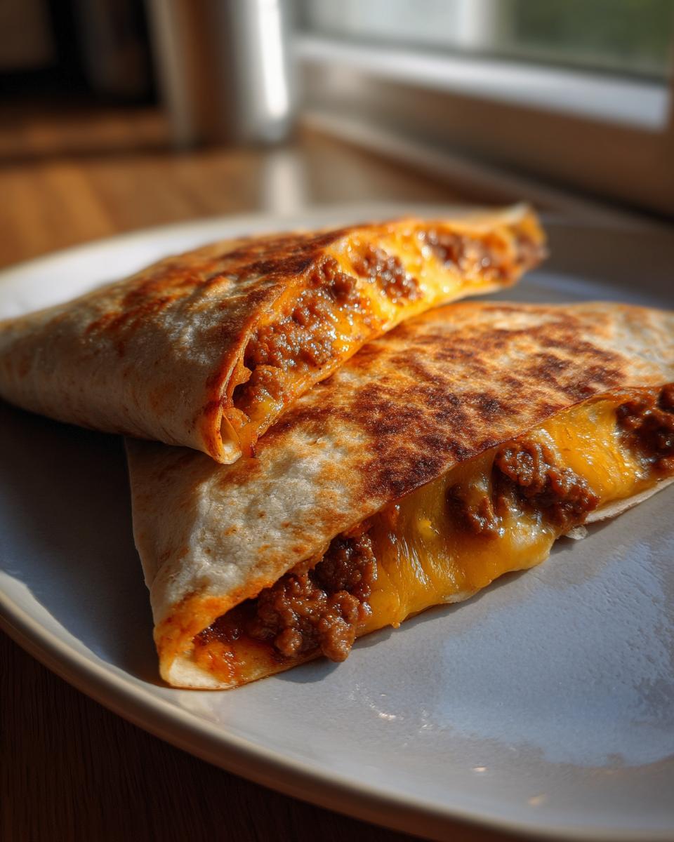 Two halves of a golden-brown cheesy pocket taco filled with seasoned ground beef and melted cheddar cheese.
