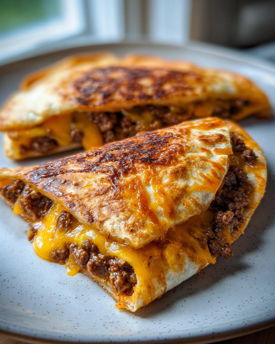 Two halves of a golden-brown cheesy pocket taco, oozing melted cheddar cheese and seasoned ground beef filling.