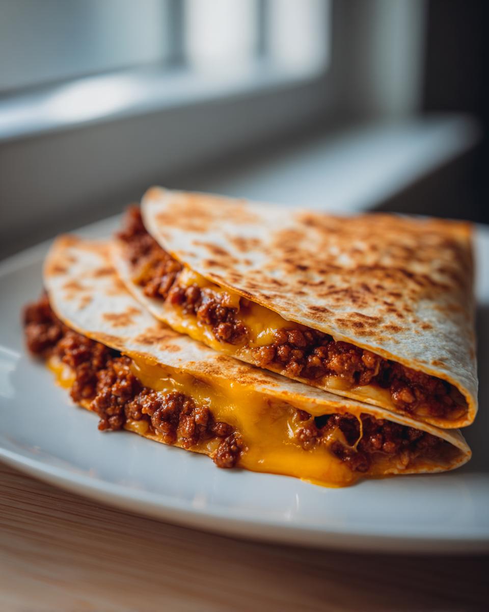 Close-up of two cheesy pocket tacos filled with seasoned ground meat and melted cheddar cheese.