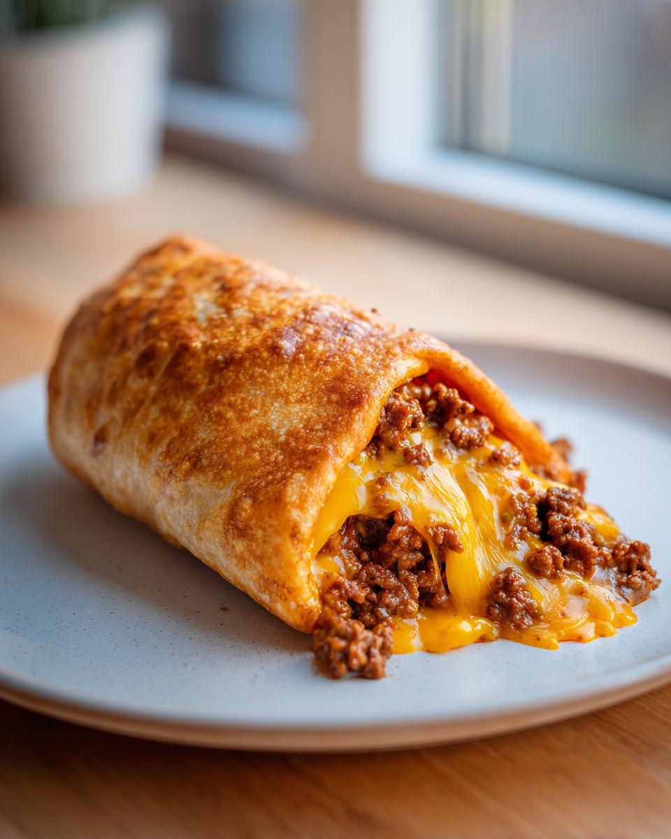 Close-up of a golden-brown cheesy pocket taco spilling seasoned ground beef and melted cheese onto a light plate.