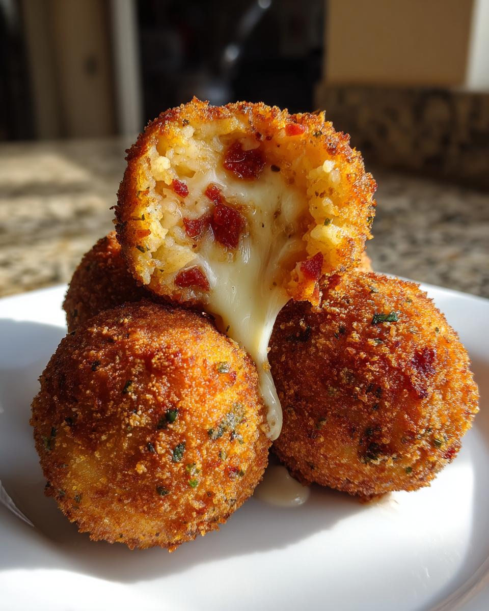 Close-up of cheesy rice balls, one broken open showing melted cheese oozing out.
