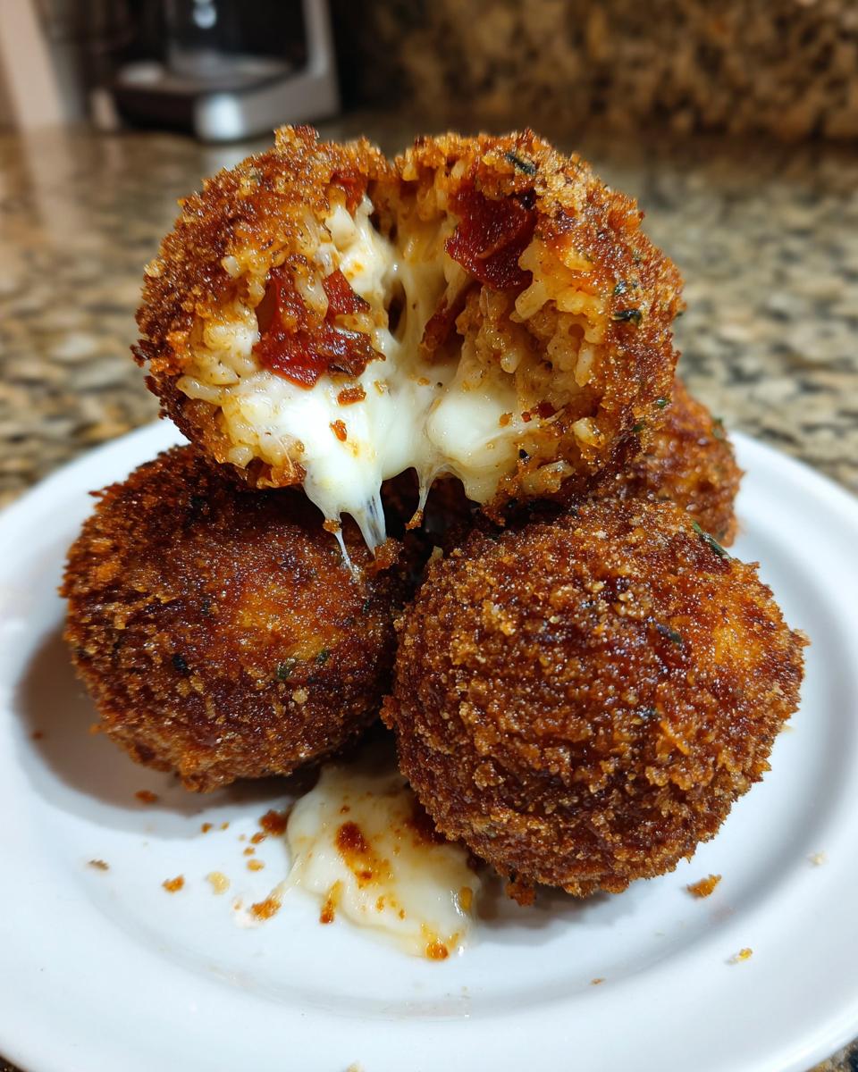 Close-up of cheesy rice balls, one broken open showing melted mozzarella stretching out.
