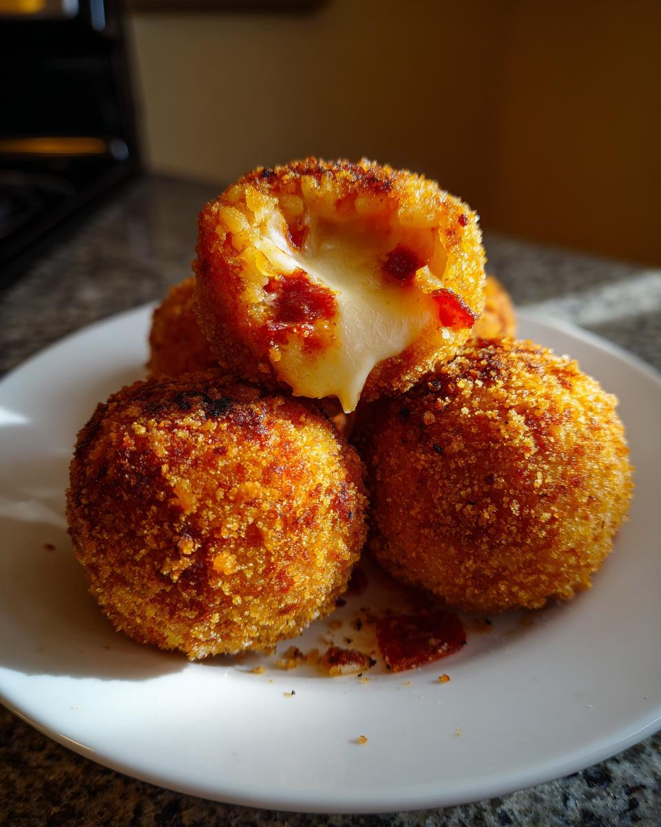 Close-up of golden-brown fried rice balls, one broken open revealing a gooey, melted cheese center.