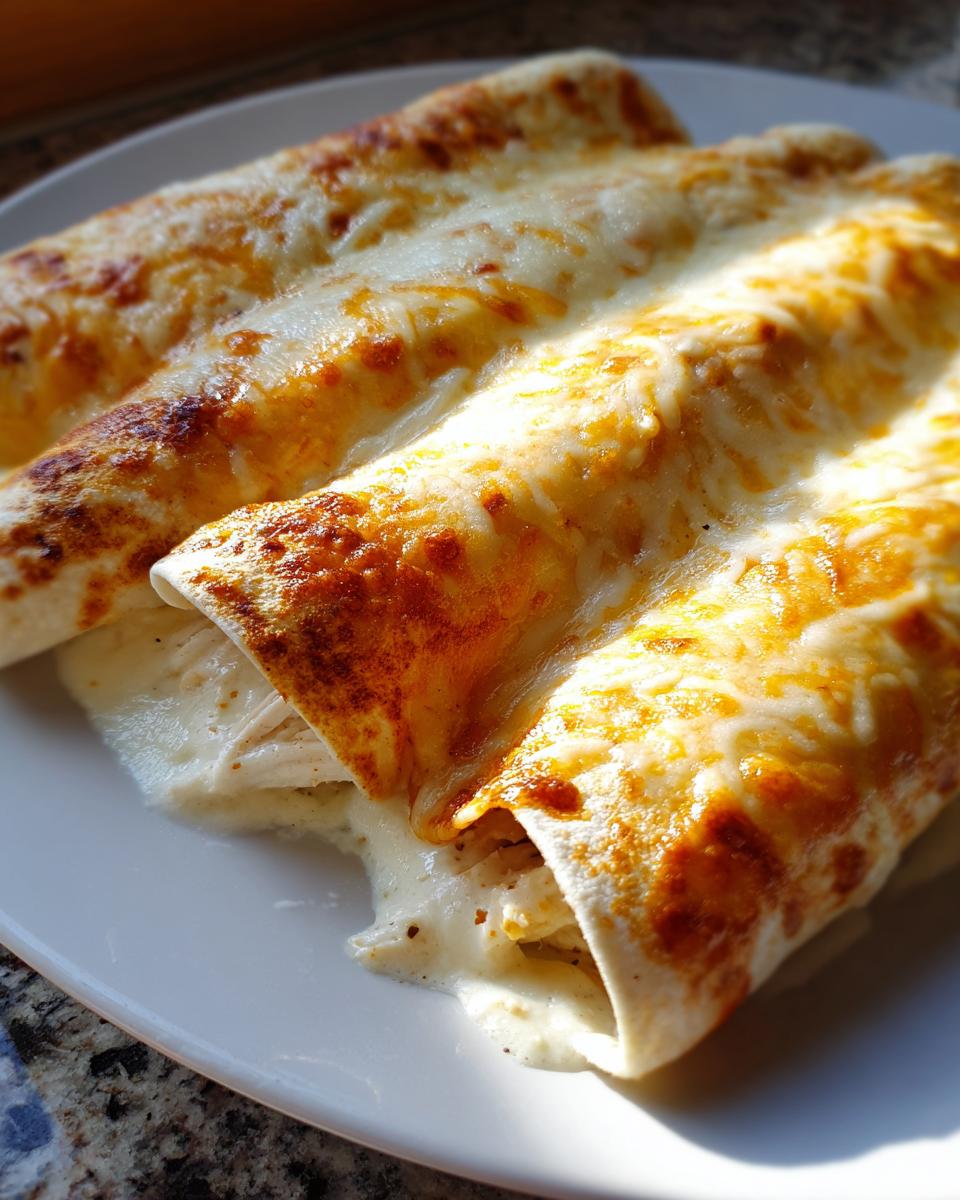 Three baked white chicken enchiladas covered in melted, slightly browned cheese sauce on a white plate.