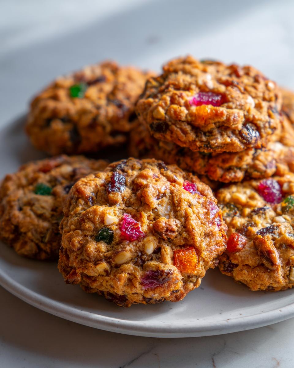 Close-up of several chewy fruitcake cookies loaded with colorful candied fruit and nuts on a light plate.