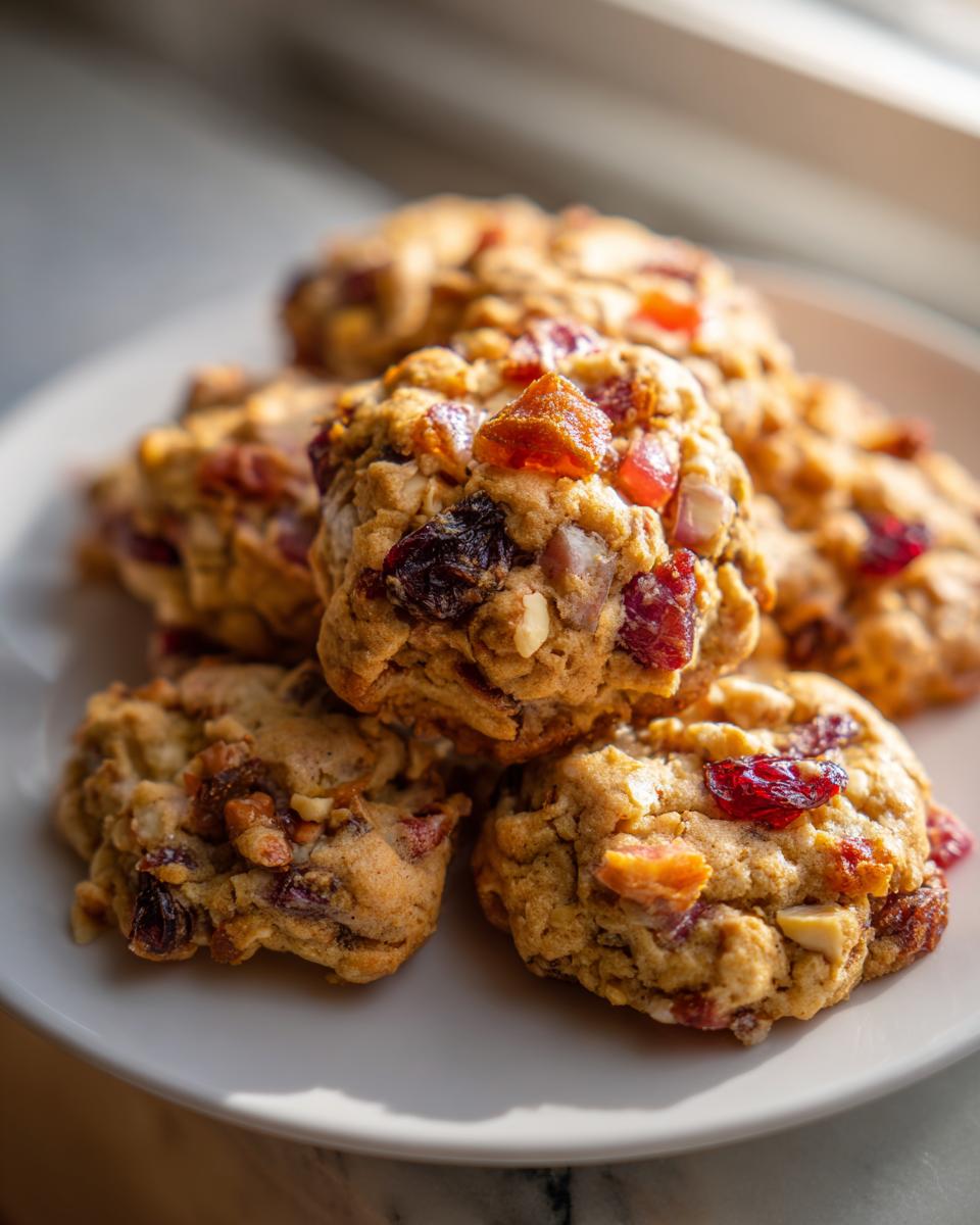 A close-up of several chewy fruitcake cookies loaded with dried fruit and nuts, stacked on a white plate.