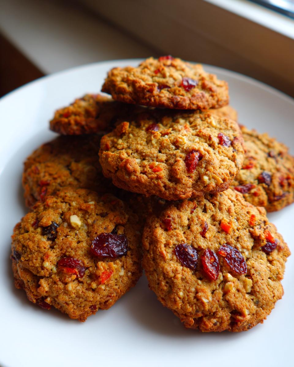A stack of chewy fruitcake cookies loaded with dried cranberries and candied fruit pieces, resting on a white plate.