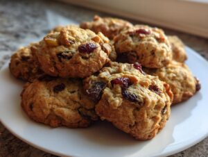 A stack of chewy fruitcake cookies loaded with dried fruit and nuts, resting on a white plate.