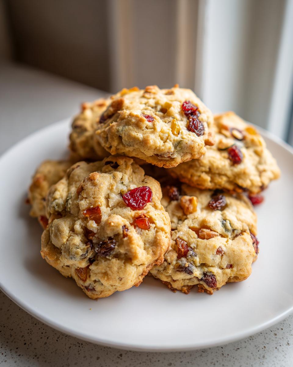 A stack of five chewy fruitcake cookies loaded with dried red and golden fruit pieces on a white plate.