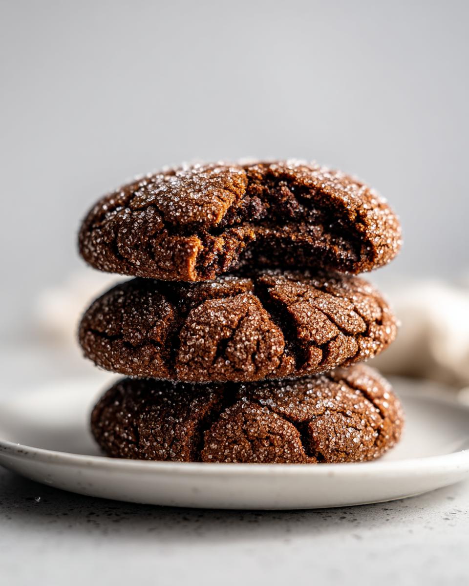 A stack of three dark, chewy gingersnap cookies, heavily coated in sparkling sugar, with the top cookie having a bite taken out.