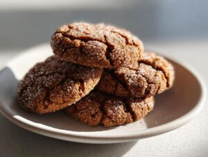 A close-up stack of four chewy gingersnap cookies rolled in coarse sugar, resting on a light plate.
