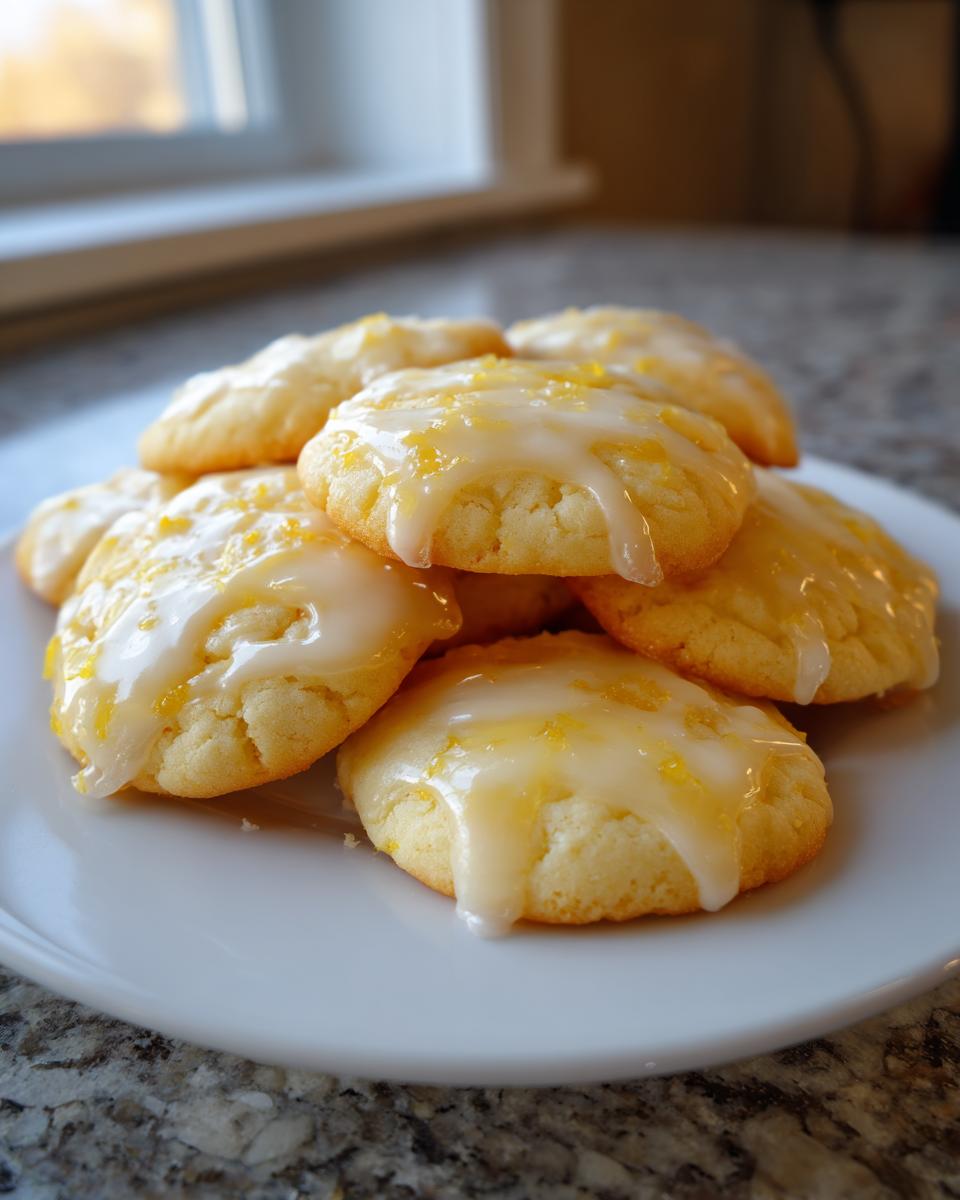 A stack of chewy lemon cookies topped with a thick, drizzled lemon glaze and zest.