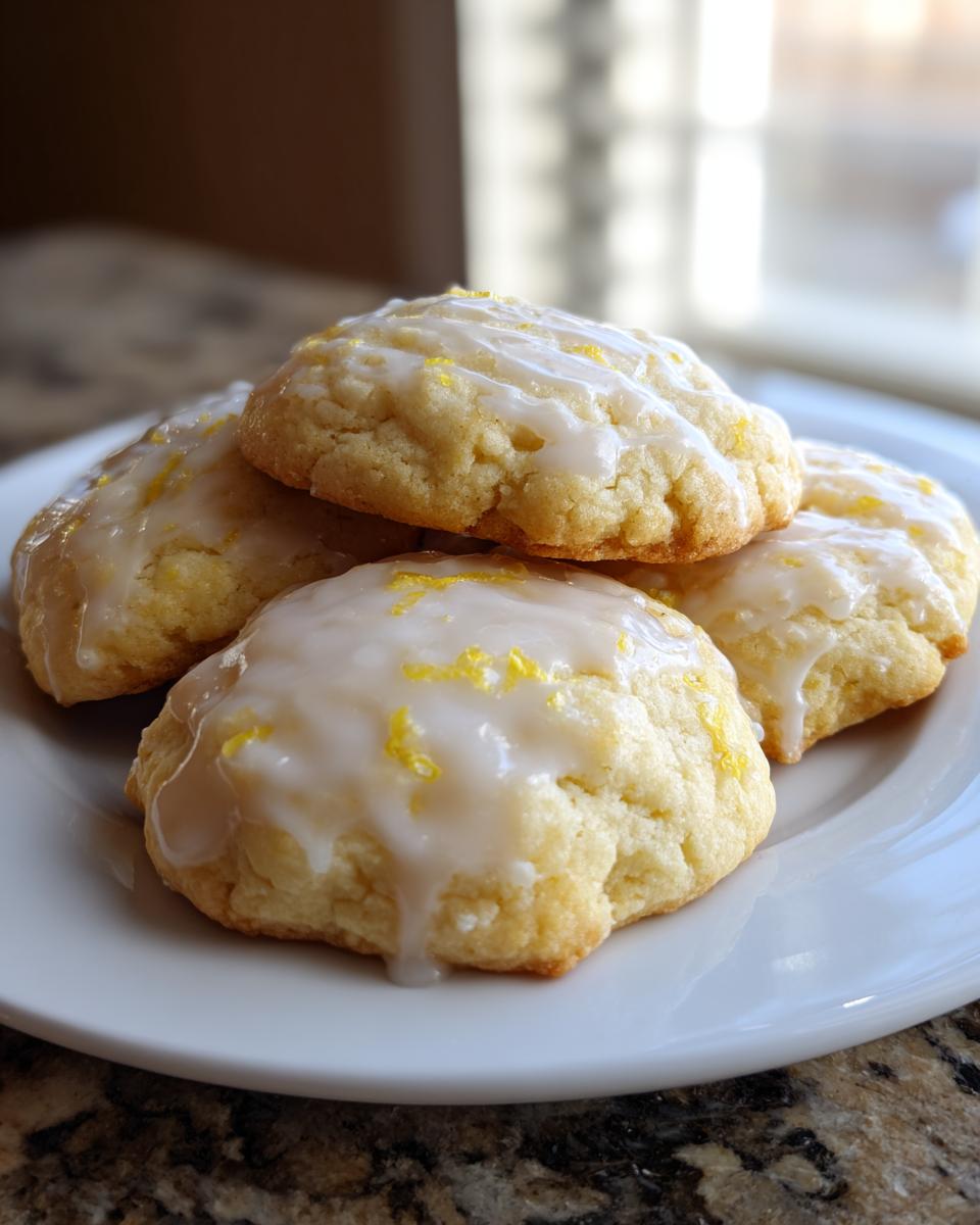 A stack of four chewy lemon cookies topped with a white glaze and bright yellow lemon zest.