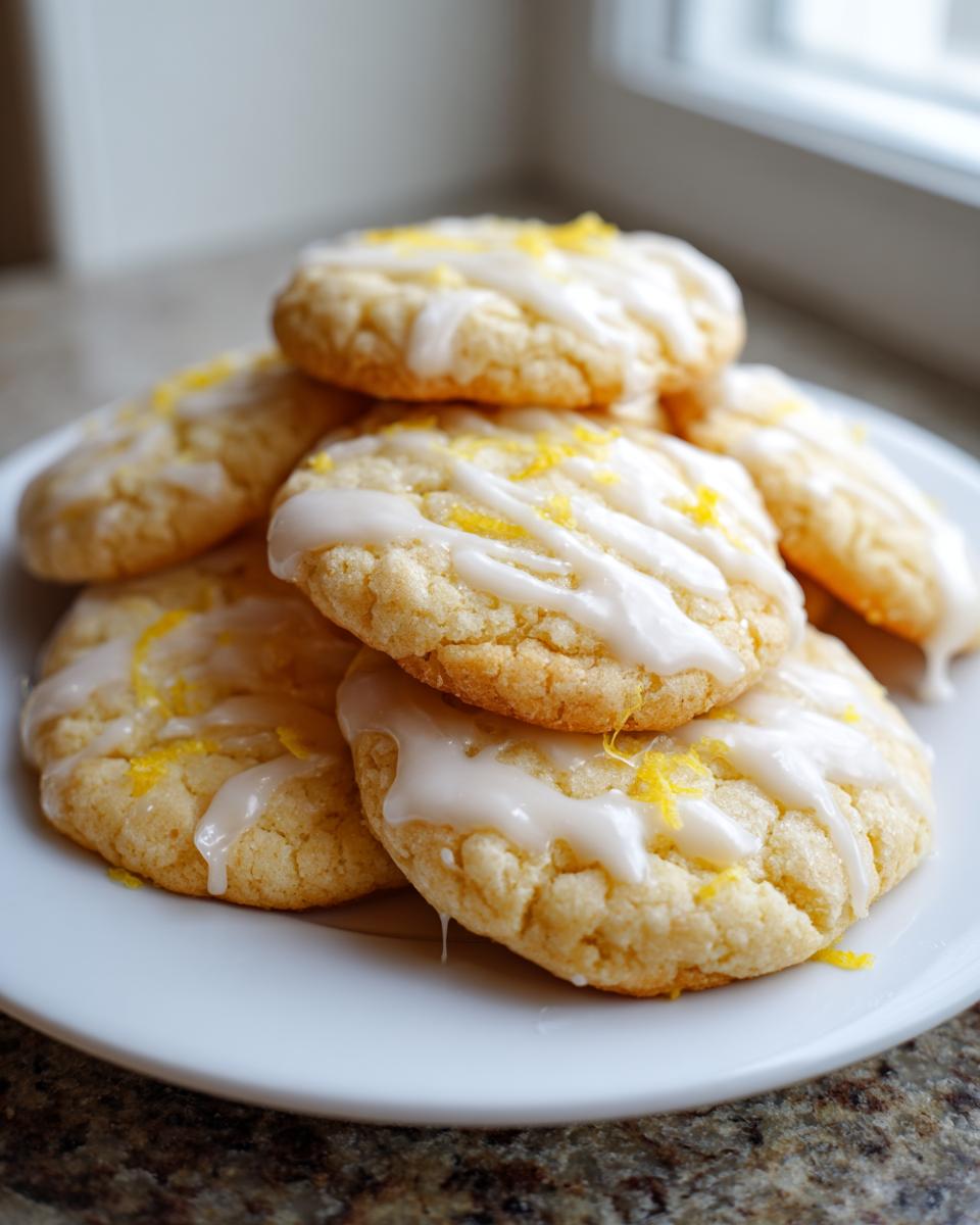 A stack of chewy lemon cookies topped with white glaze and bright yellow lemon zest.