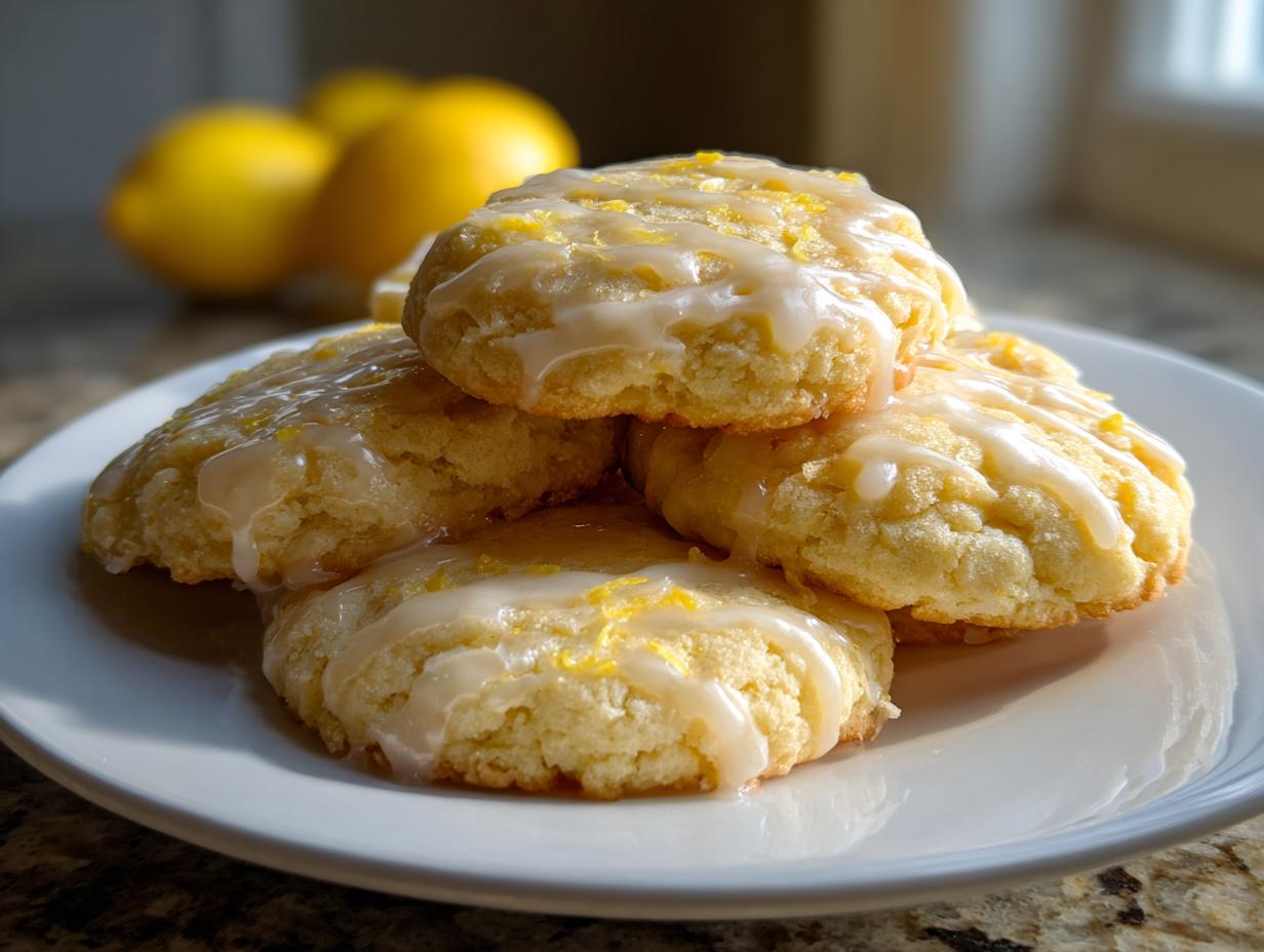 A stack of chewy lemon cookies topped with a sweet glaze and lemon zest, with whole lemons blurred in the background.