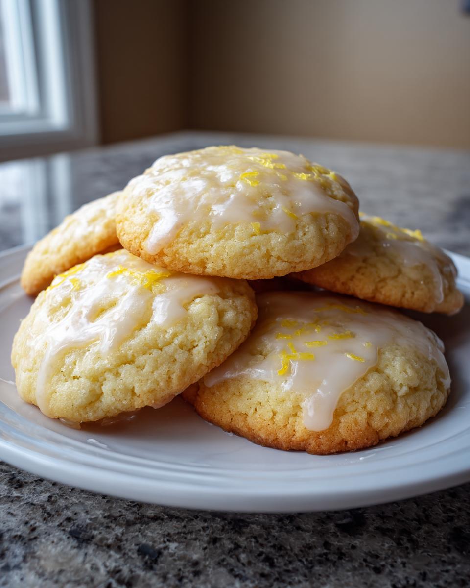 A stack of chewy lemon cookies topped with a sweet white glaze and bright yellow lemon zest.