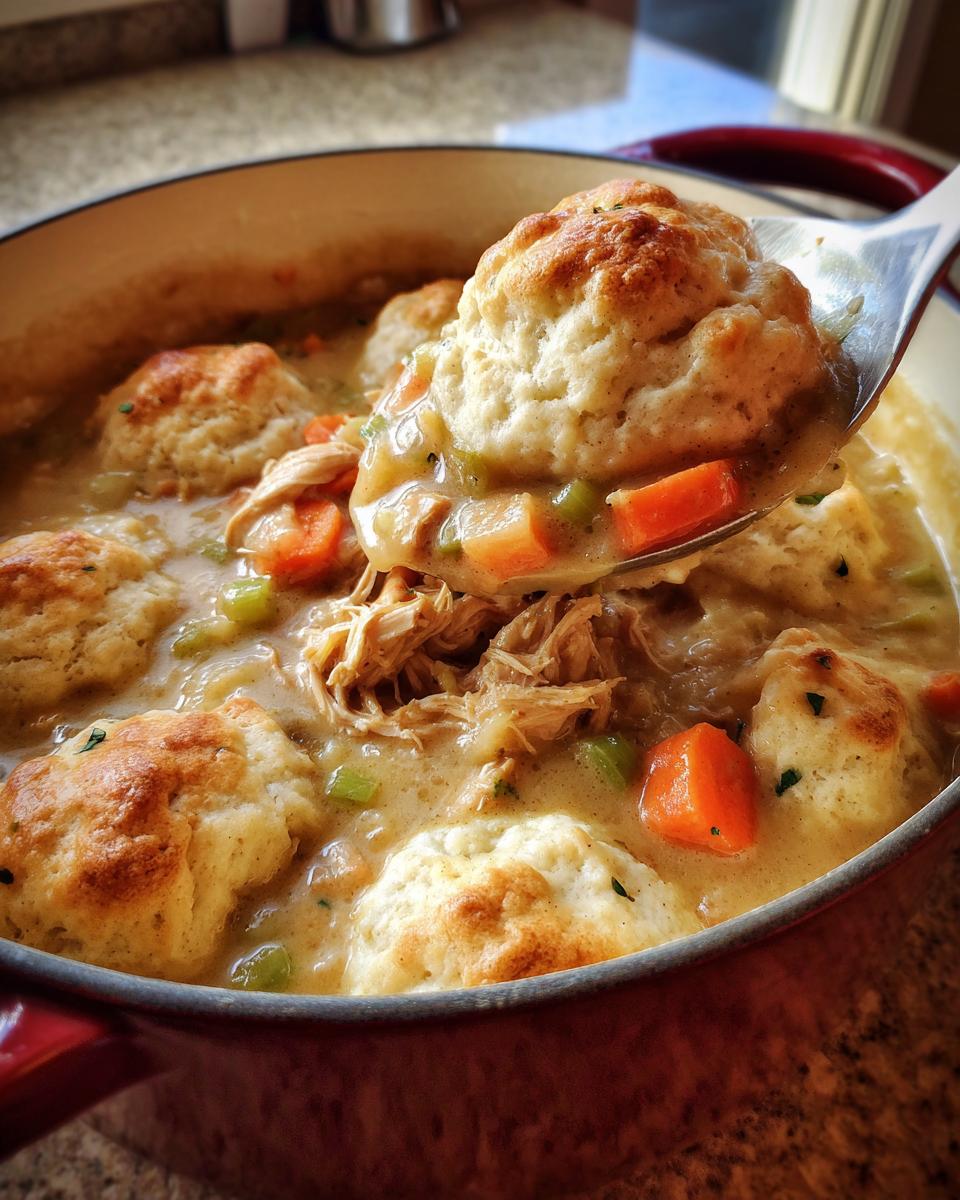 A spoonful of creamy chicken and dumplings, featuring shredded chicken, carrots, and a fluffy biscuit topping.