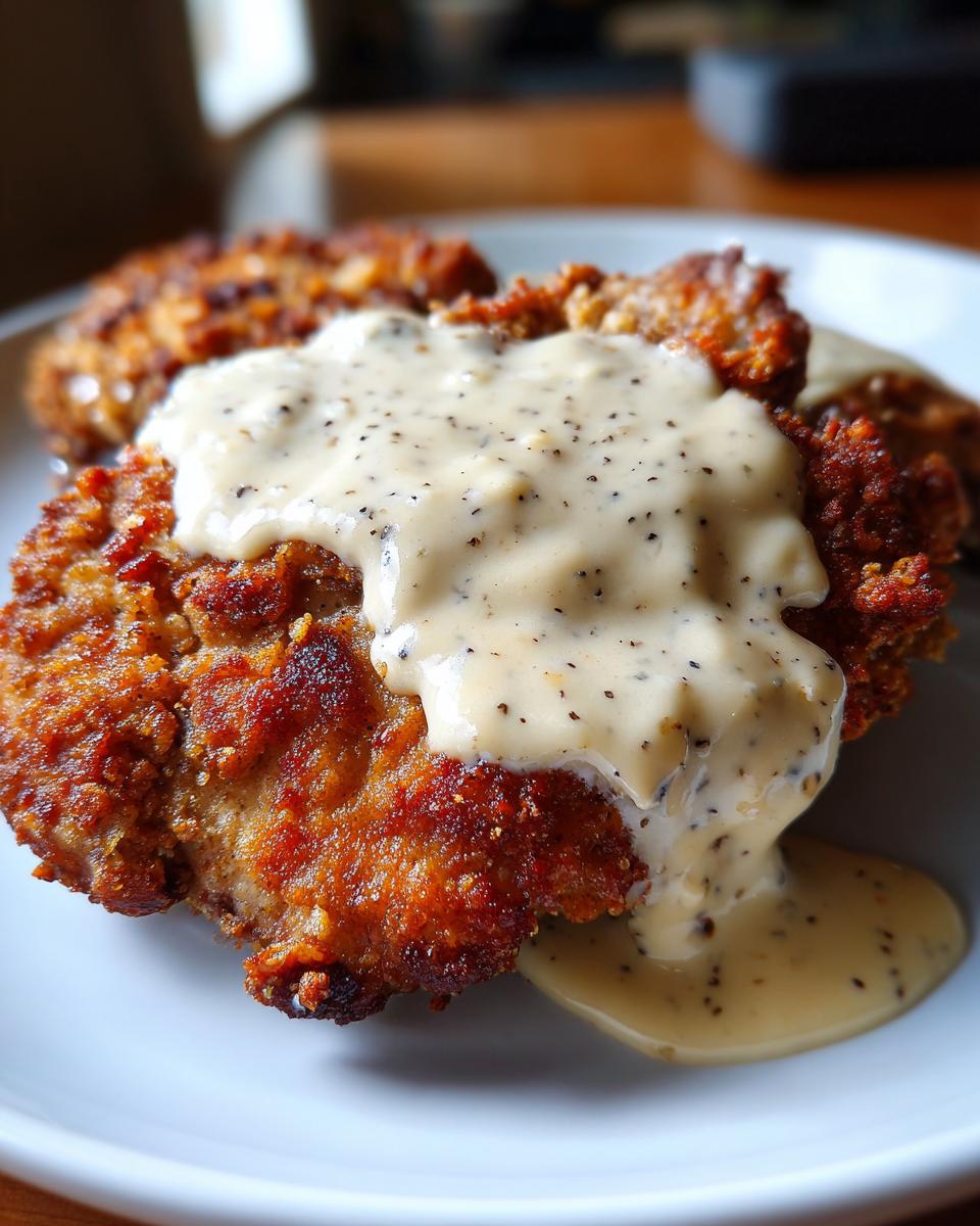 Close-up of crispy, golden-brown chicken fried steak smothered in creamy, black pepper gravy.