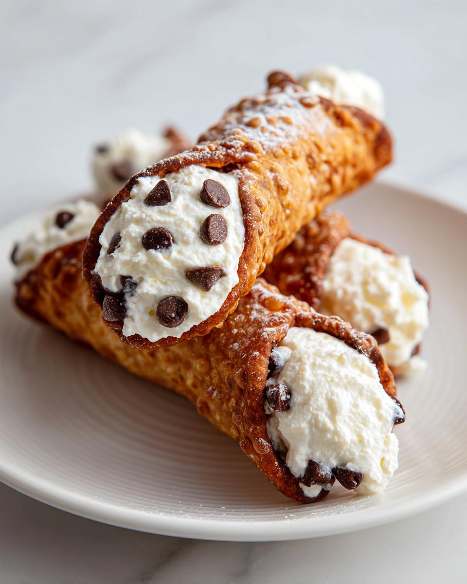 Close-up of crispy, golden cannoli shells filled with sweet ricotta cream and mini chocolate chips.