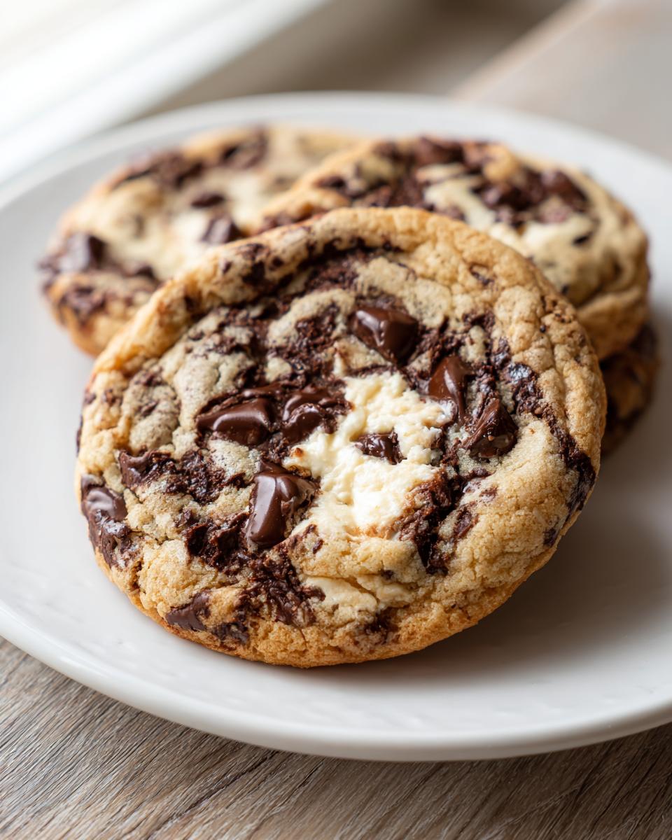 Close-up of a freshly baked chocolate chip cheesecake cookie with visible chunks of chocolate and cream cheese swirls.