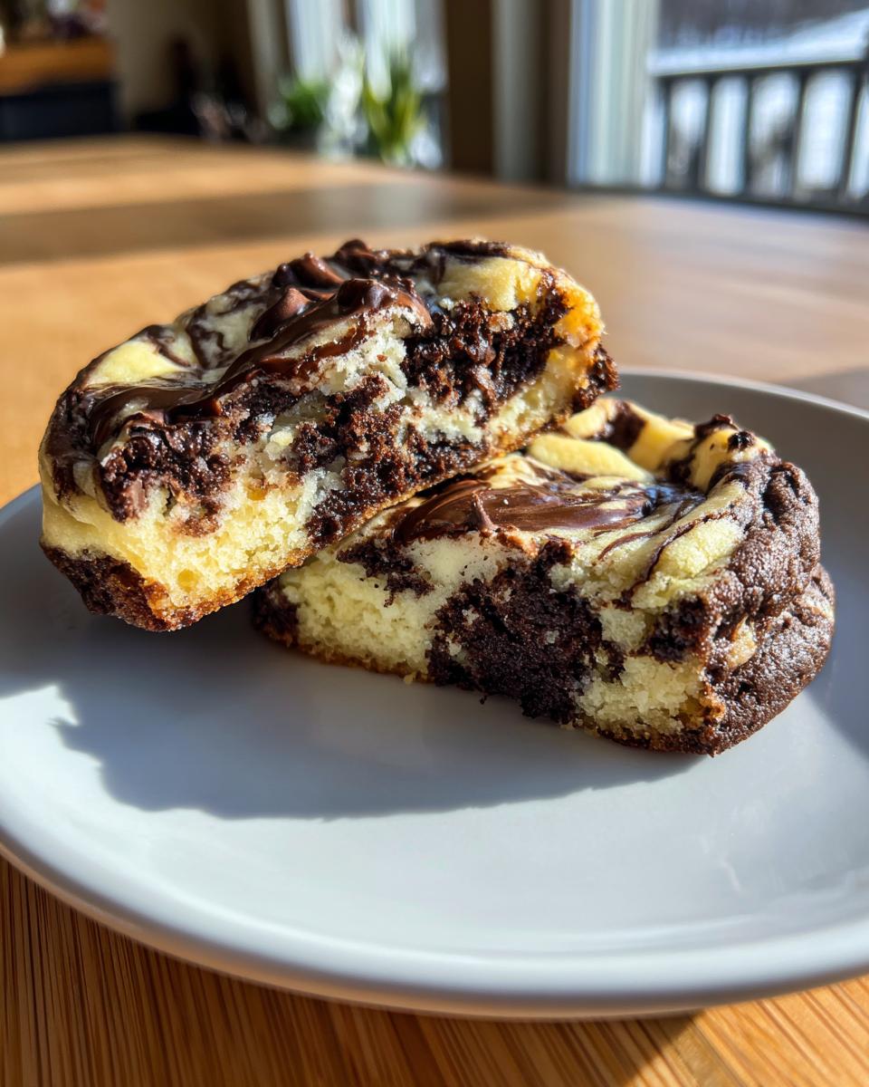 A chocolate chip cheesecake cookie cut in half showing the marbled cheesecake and chocolate chip interior.
