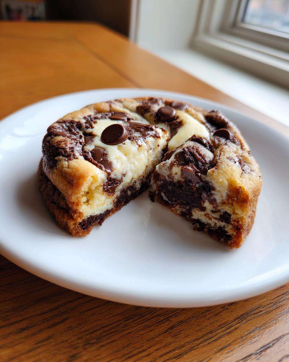 A chocolate chip cheesecake cookie cut in half on a white plate, showing the creamy cheesecake swirl inside.