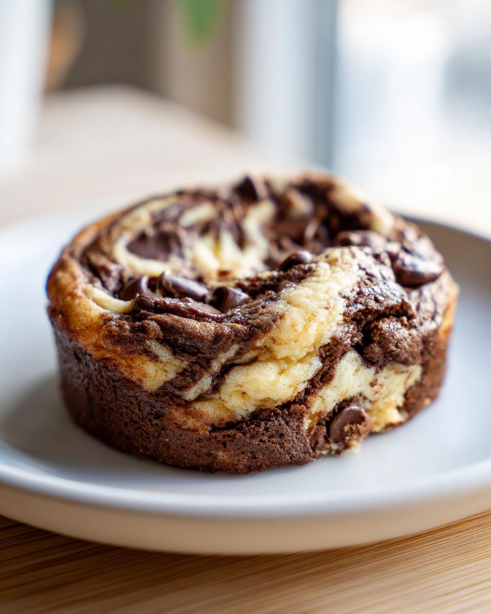 A single, thick chocolate chip cheesecake cookie with a beautiful chocolate swirl on a white plate.