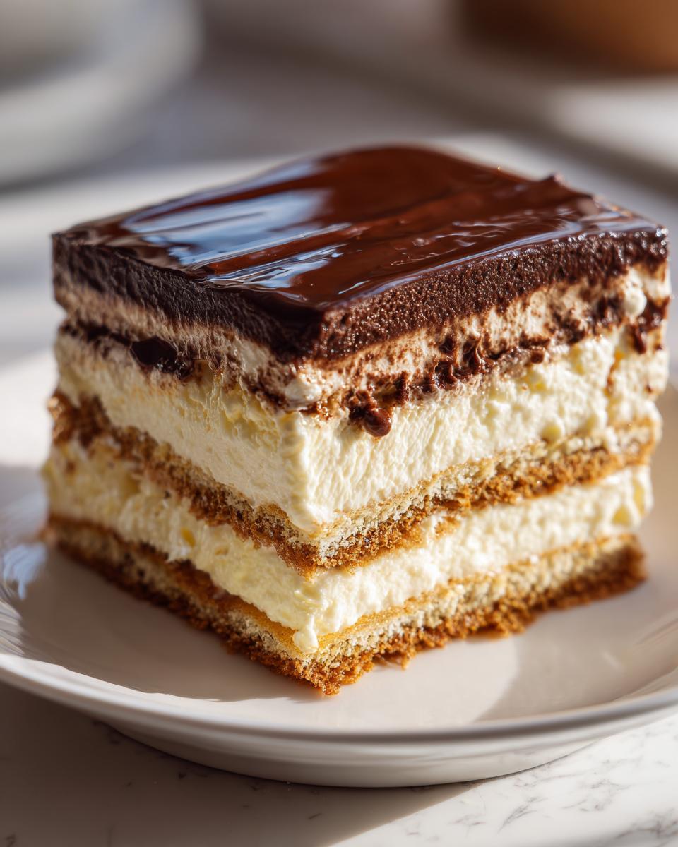 A perfect square slice of chocolate eclair cake showing layers of graham crackers, vanilla cream, and rich chocolate glaze.