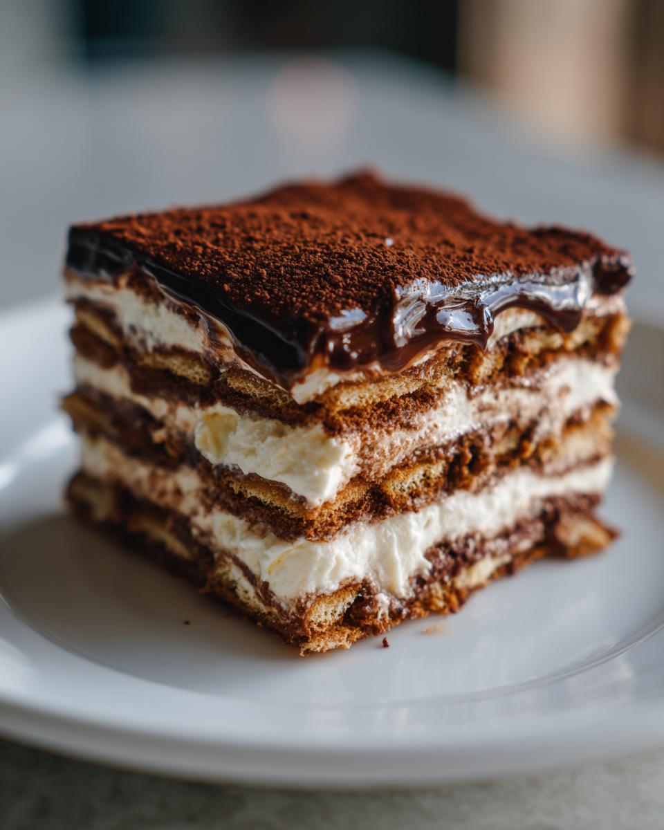 A layered slice of chocolate eclair cake featuring cream filling, graham crackers, and a rich chocolate glaze dusted with cocoa.