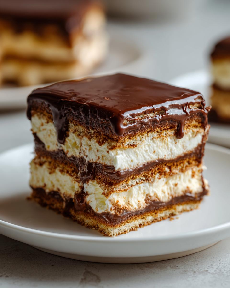 A perfect square slice of chocolate eclair cake showing layers of graham crackers, cream filling, and rich chocolate ganache topping.