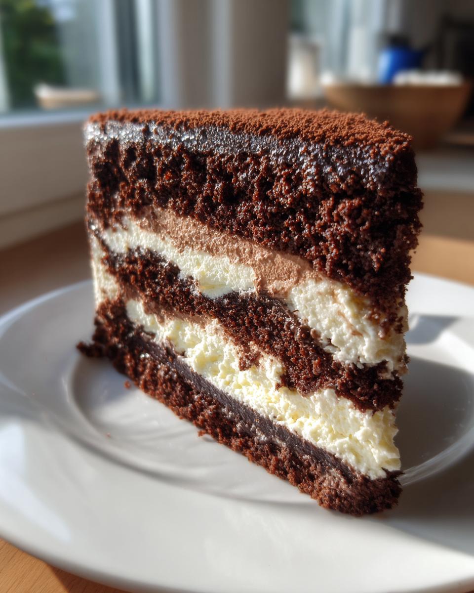 Close-up of a decadent slice of chocolate layer cake with white and light brown cream fillings, resembling an italian love cake.